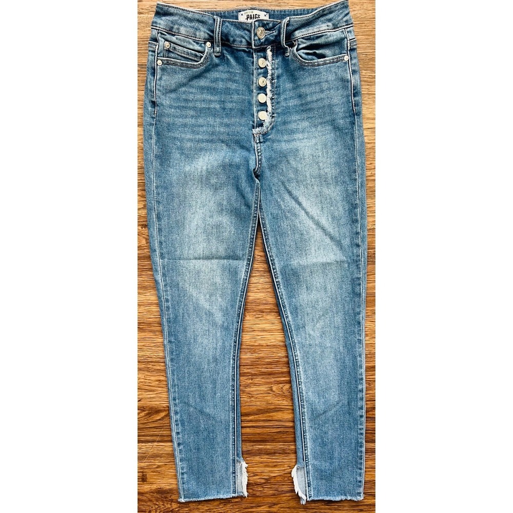 Paige High Rise Skinny Jeans Blue Button Fly Frayed Step Hem Size 26